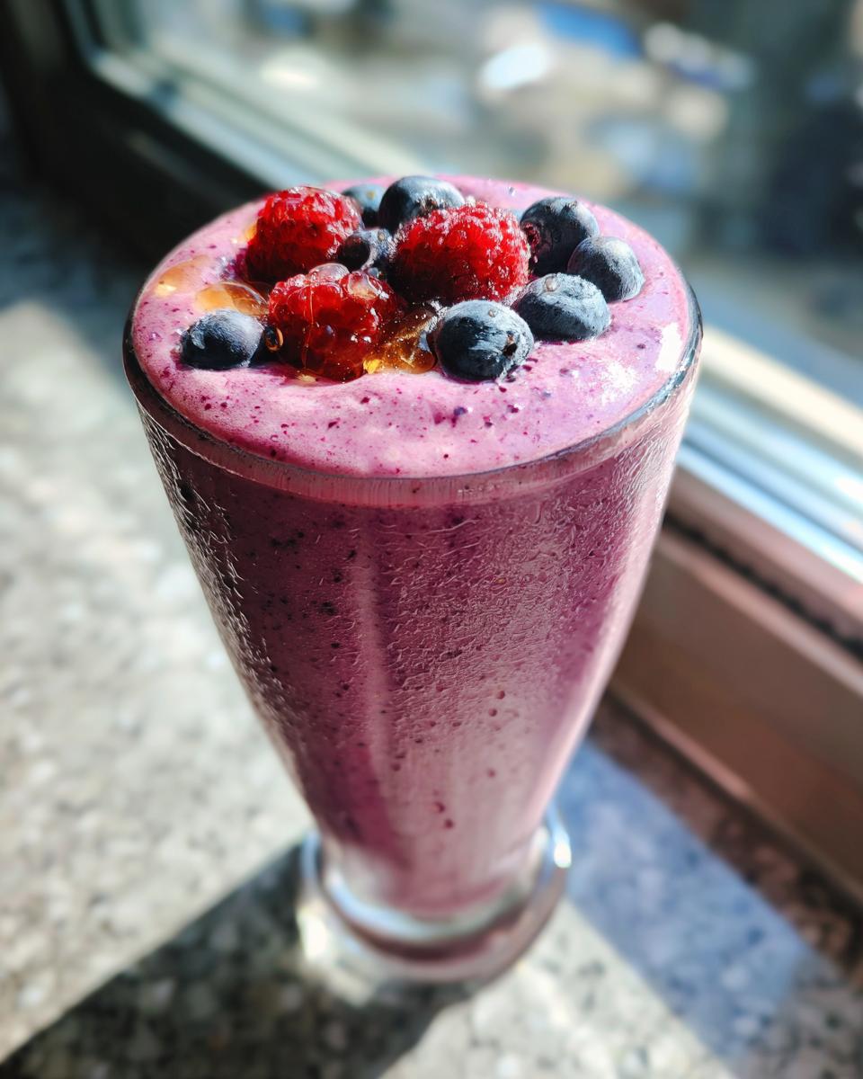 A tall glass of vibrant purple banana berry smoothie, topped with fresh raspberries, blueberries, and a drizzle of honey.