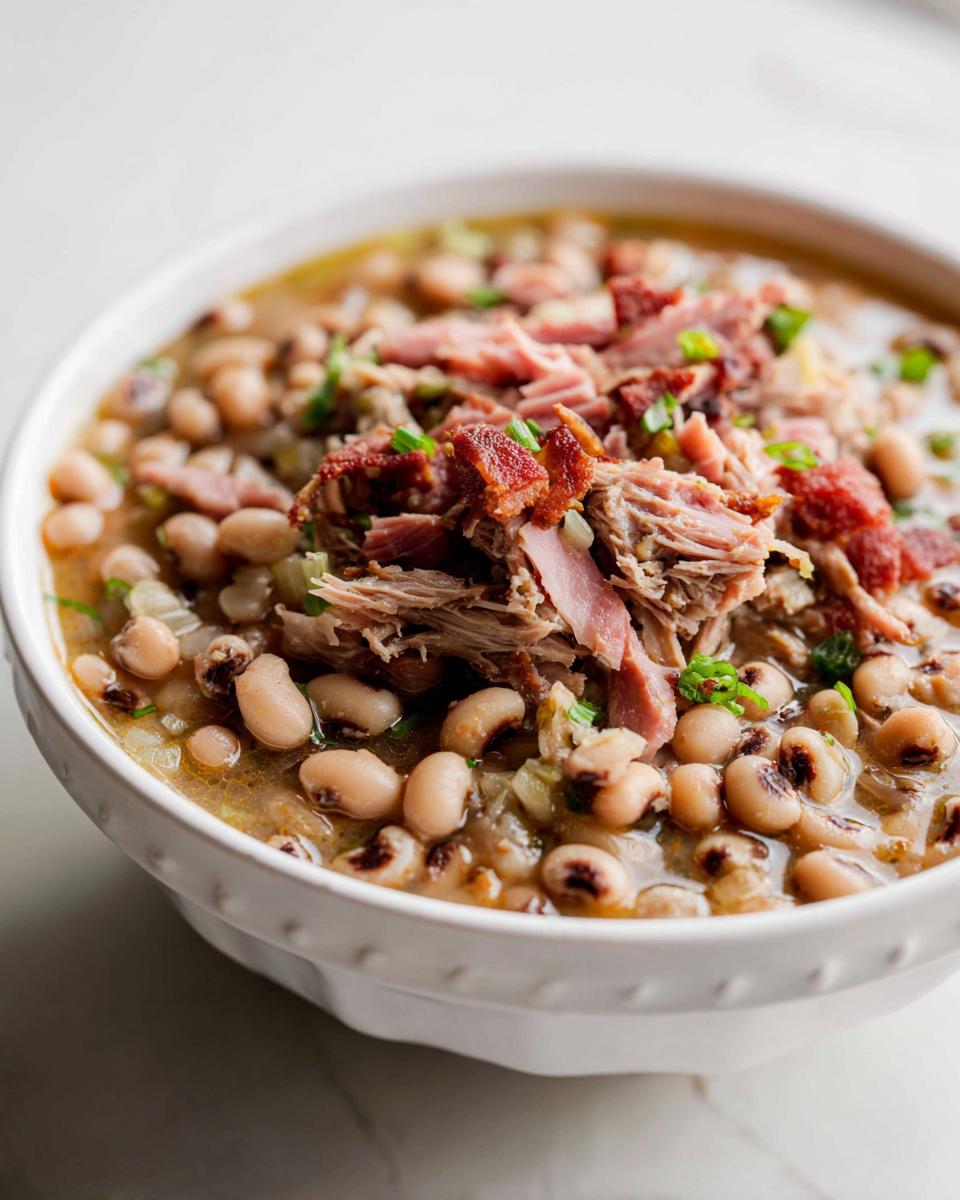 A close-up bowl of steaming black-eyed peas, a traditional new years day food, topped with pulled pork and crispy bacon.