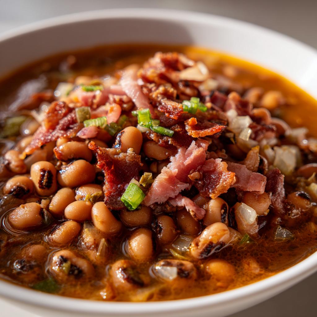 Close-up of a bowl of delicious black-eyed peas, a traditional new years day food, topped with bacon and green onions.