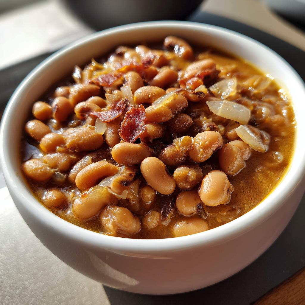 A close-up of a white bowl filled with a hearty black eyed peas recipe, topped with crispy bacon and onions.