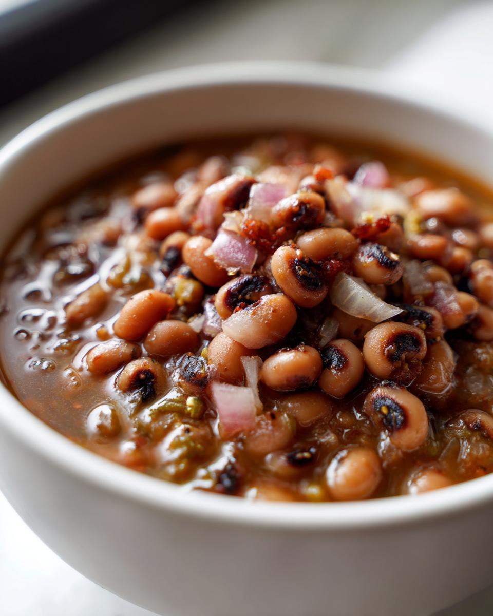 Close-up of a white bowl filled with a hearty black eyed peas recipe, topped with diced red onion.
