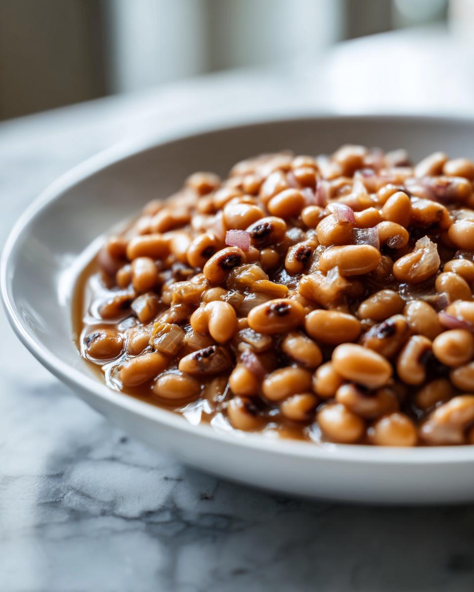 Close-up of a white bowl filled with a hearty black eyed peas recipe, featuring tender beans and diced red onion in a savory sauce.