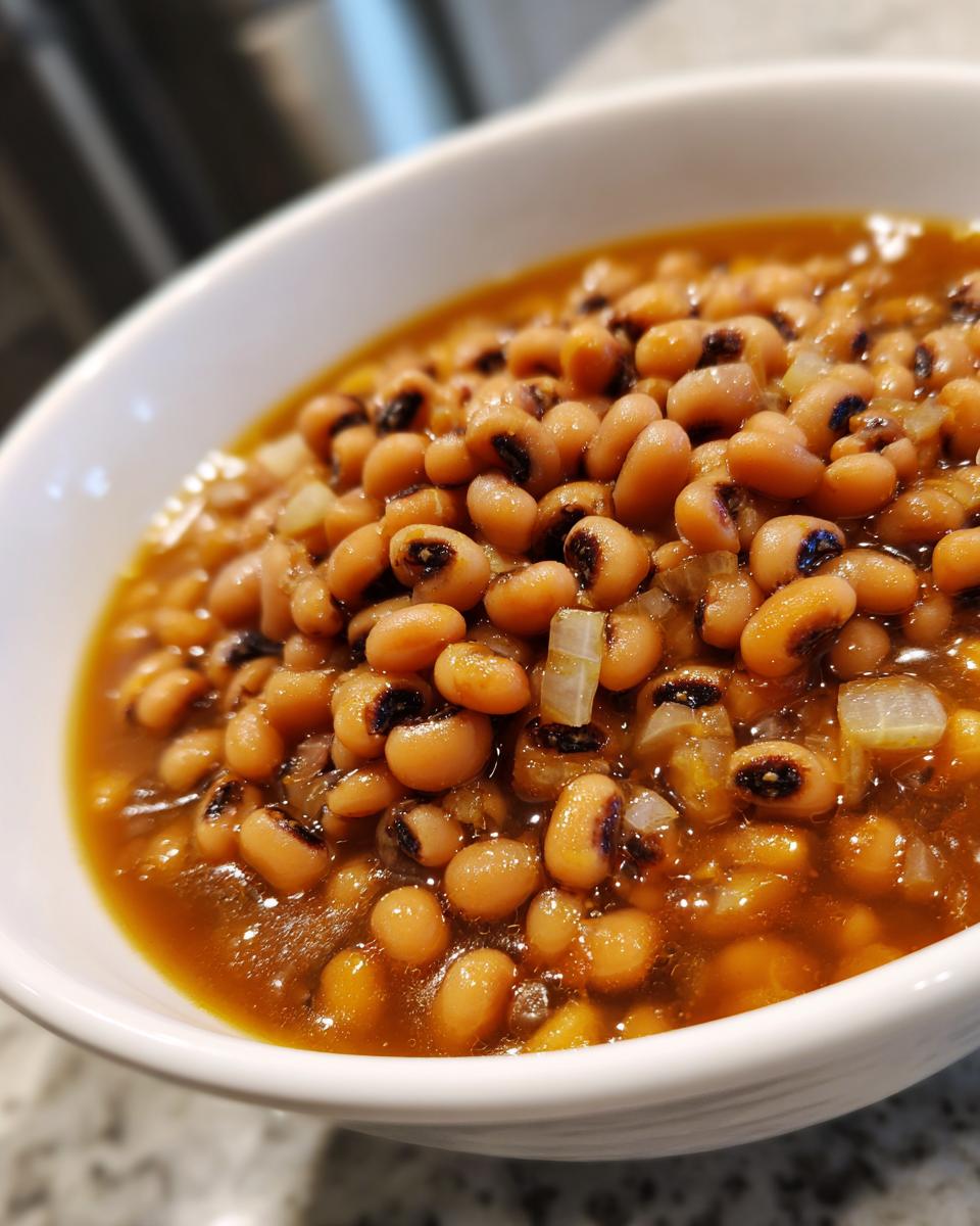 Close-up of a white bowl filled with a hearty black eyed peas recipe, showing the beans in a savory broth with diced onions.