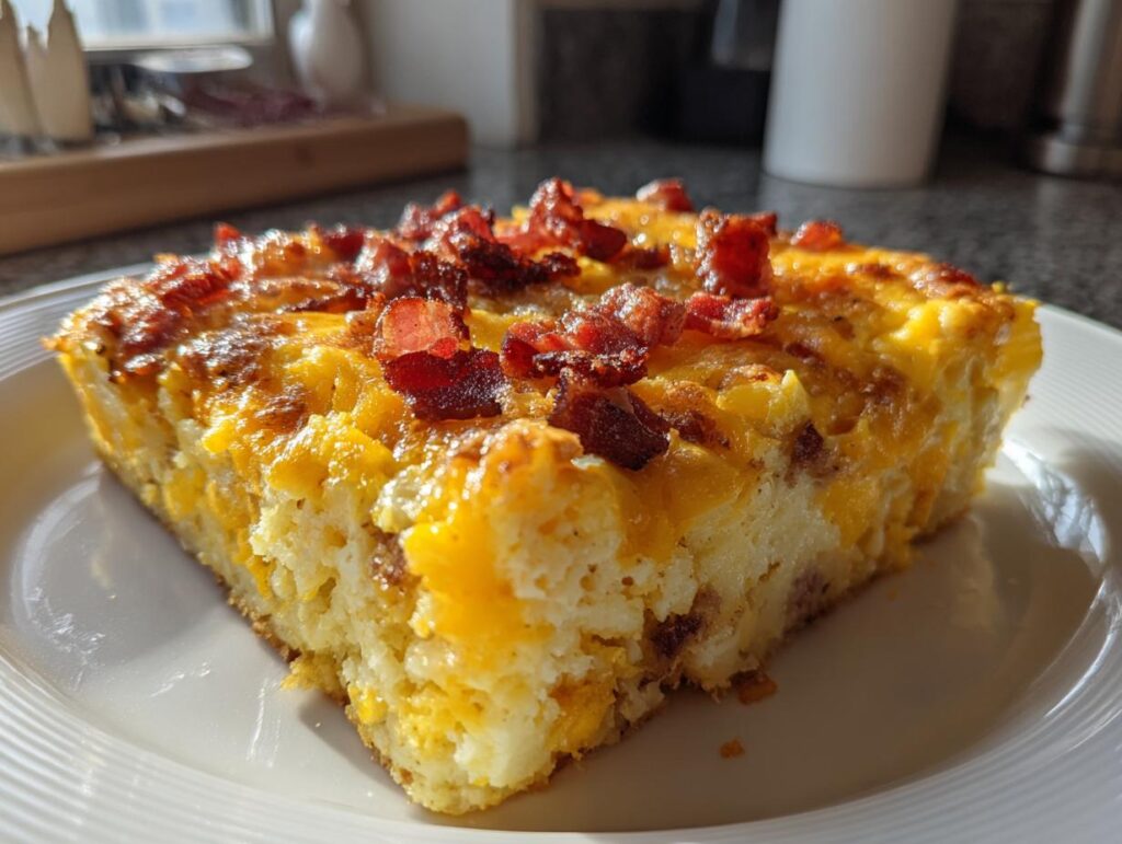 A golden slice of breakfast casserole topped with crispy bacon and melted cheese on a white plate.