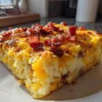A golden slice of breakfast casserole topped with crispy bacon and melted cheese on a white plate.