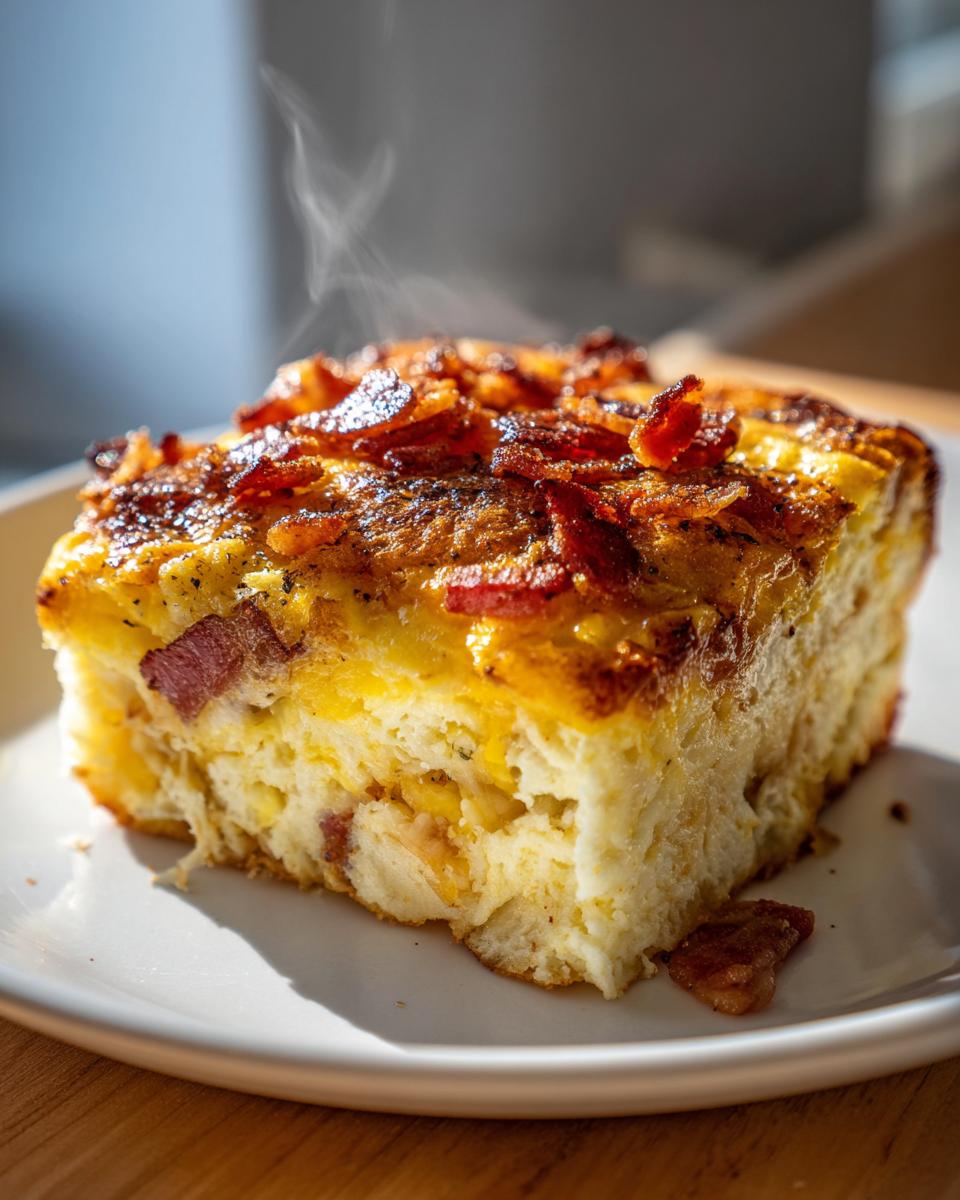 A steaming slice of a savory breakfast casserole topped with crispy bacon and cheese.