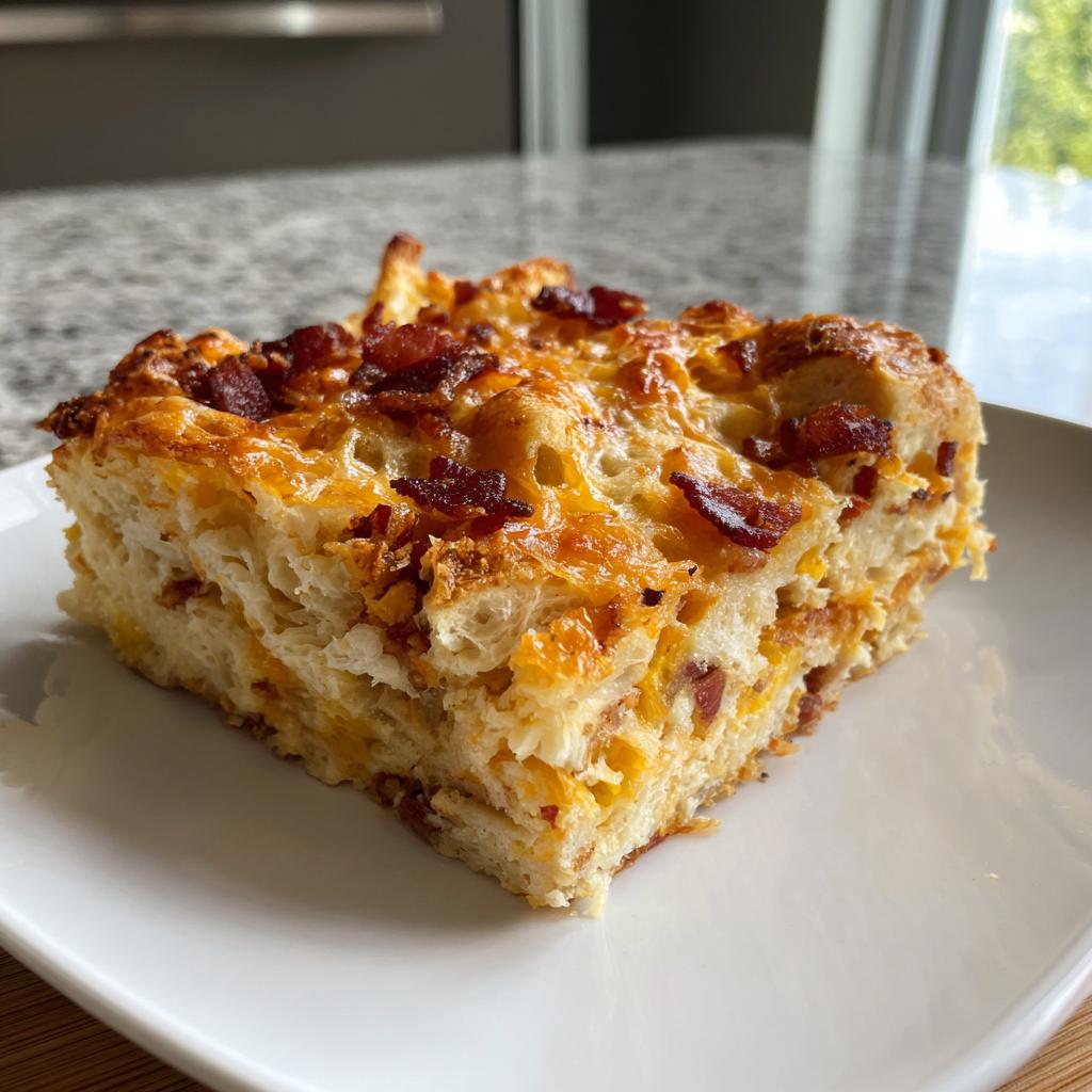 A delicious slice of breakfast casserole topped with crispy bacon and melted cheese.