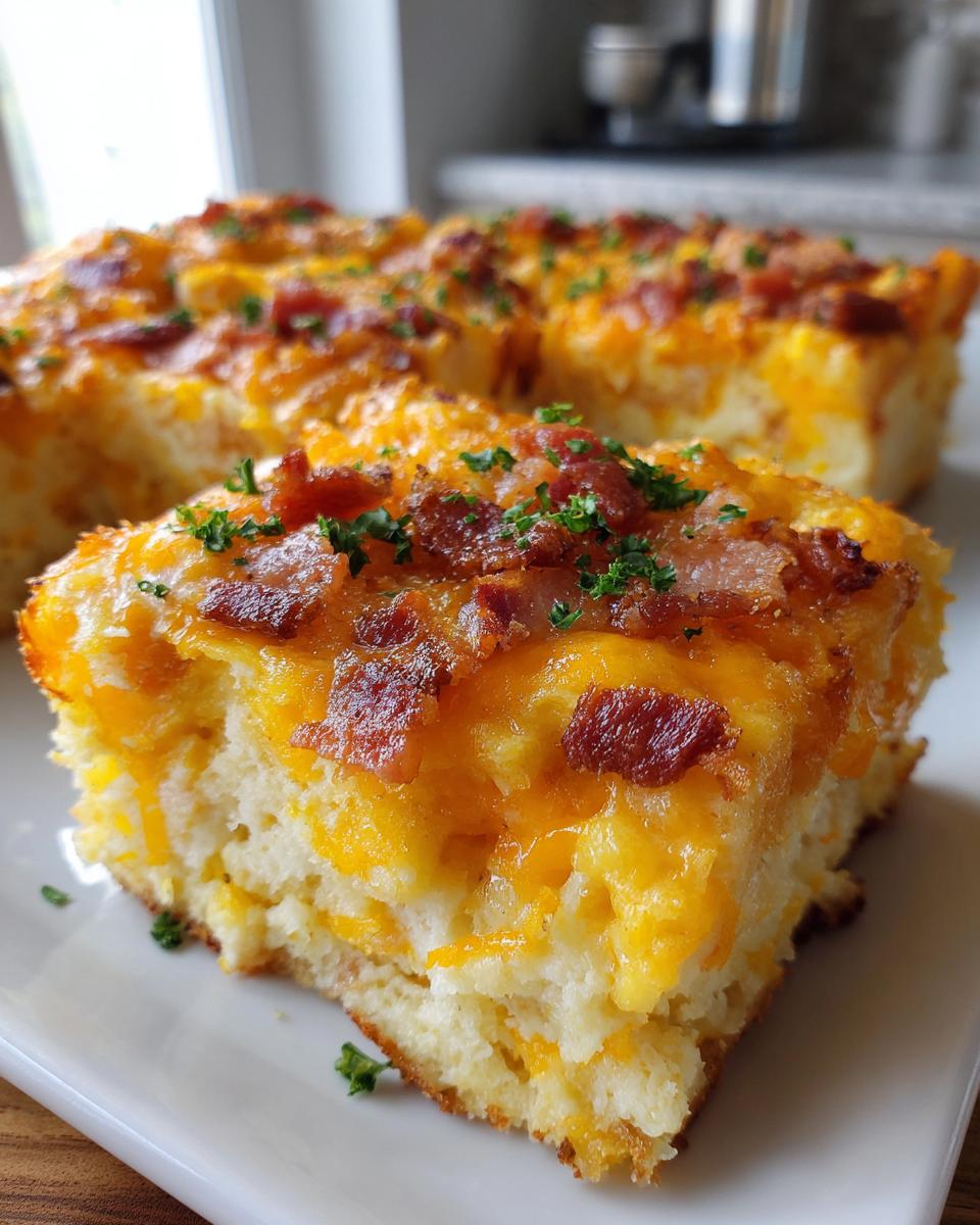 A close-up of a slice of 6-ingredient breakfast casserole topped with melted cheese, bacon, and parsley.