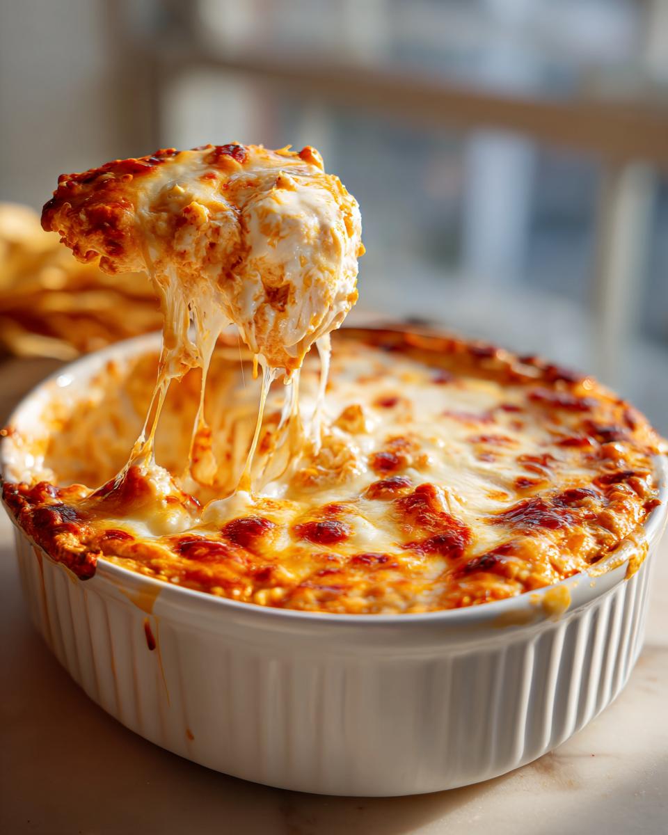 A scoop of cheesy buffalo chicken dip being lifted from a white dish, with long cheese pulls.