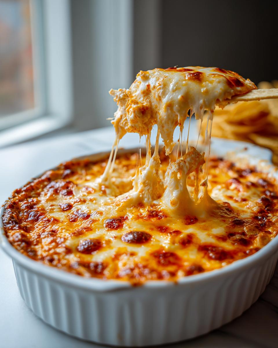 A scoop of cheesy buffalo chicken dip being lifted from a white baking dish, showing long cheese pulls.