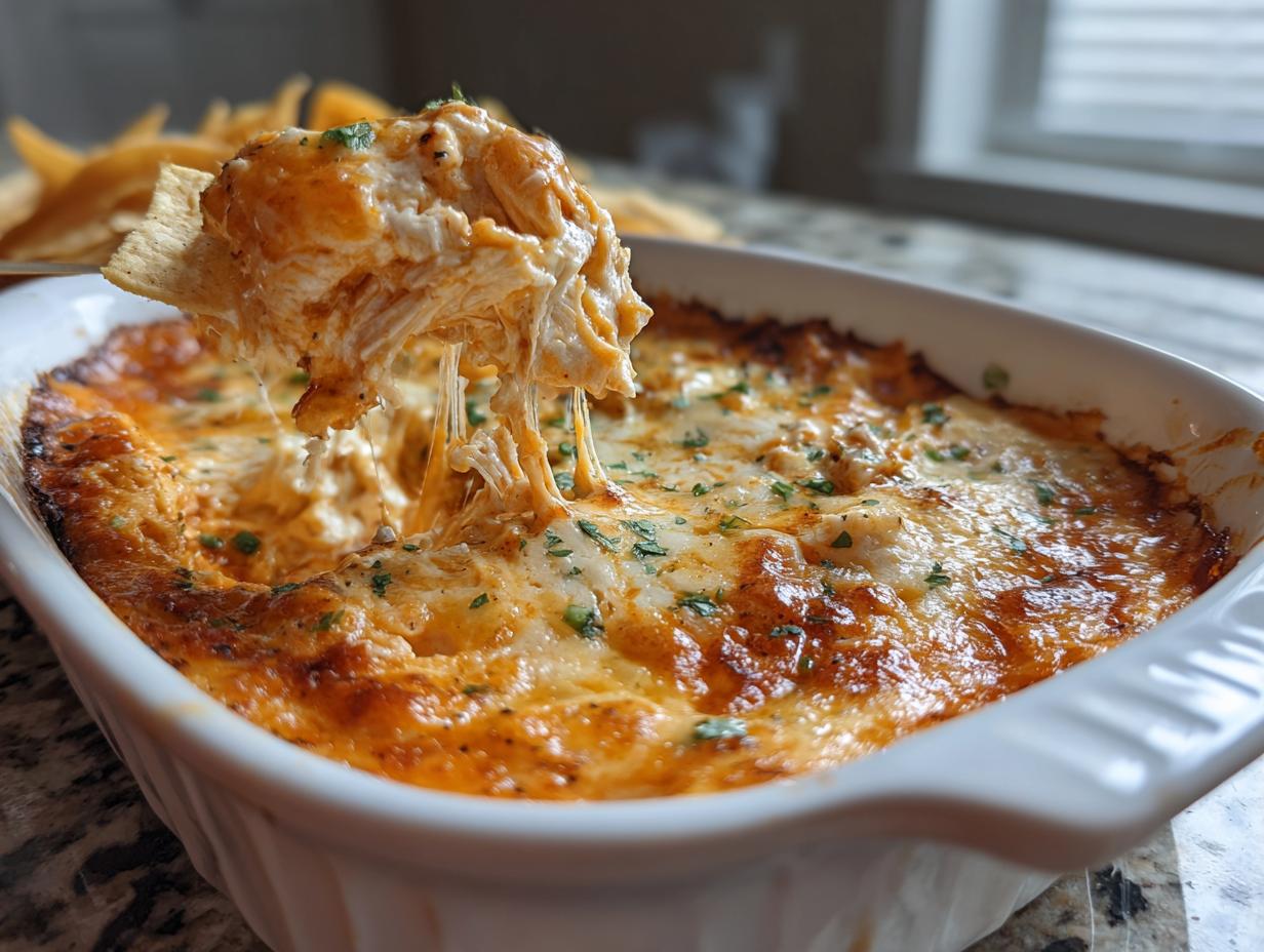 A scoop of cheesy buffalo chicken dip being lifted from a white baking dish with a tortilla chip.