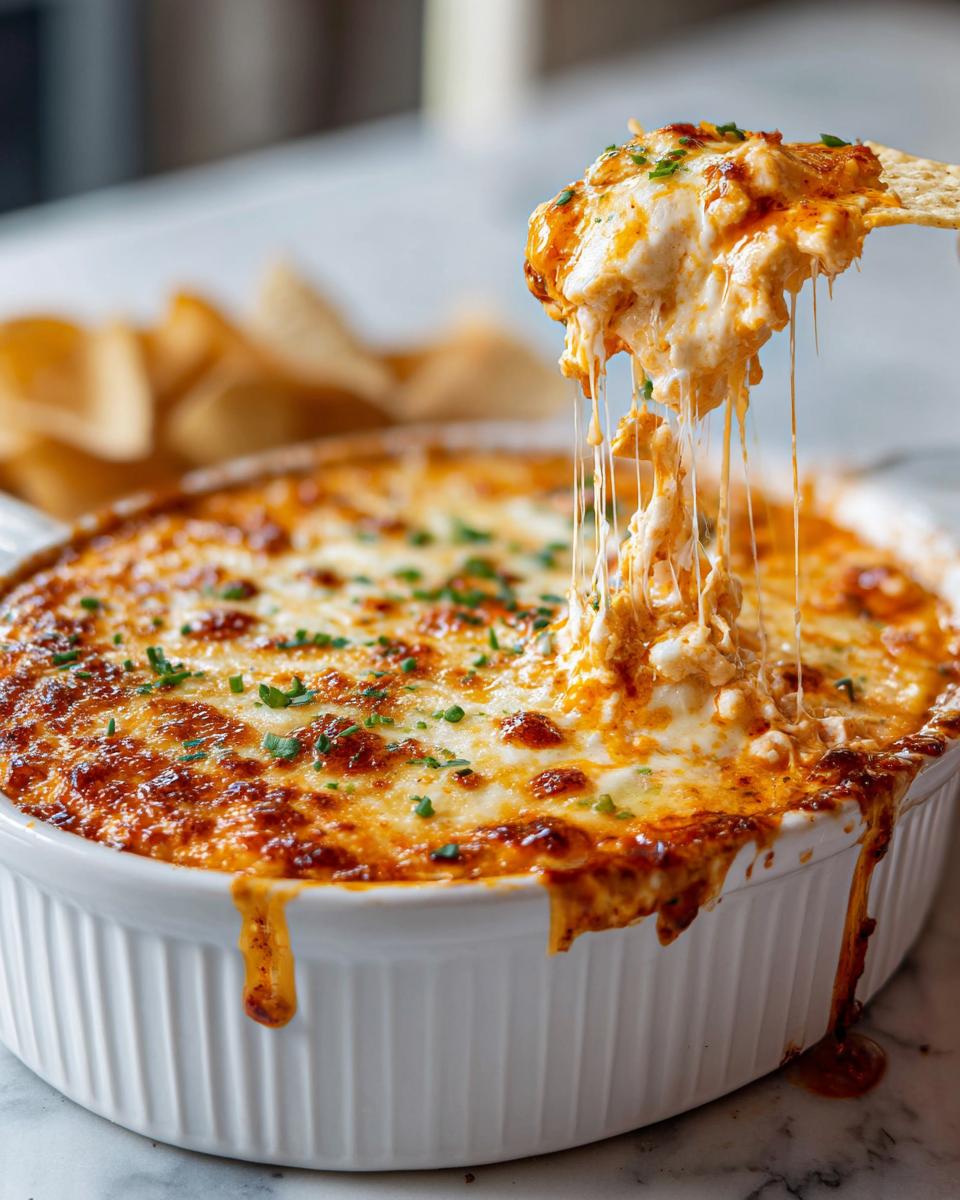 A scoop of cheesy buffalo chicken dip being lifted from a white dish with a tortilla chip, showing gooey cheese strings.