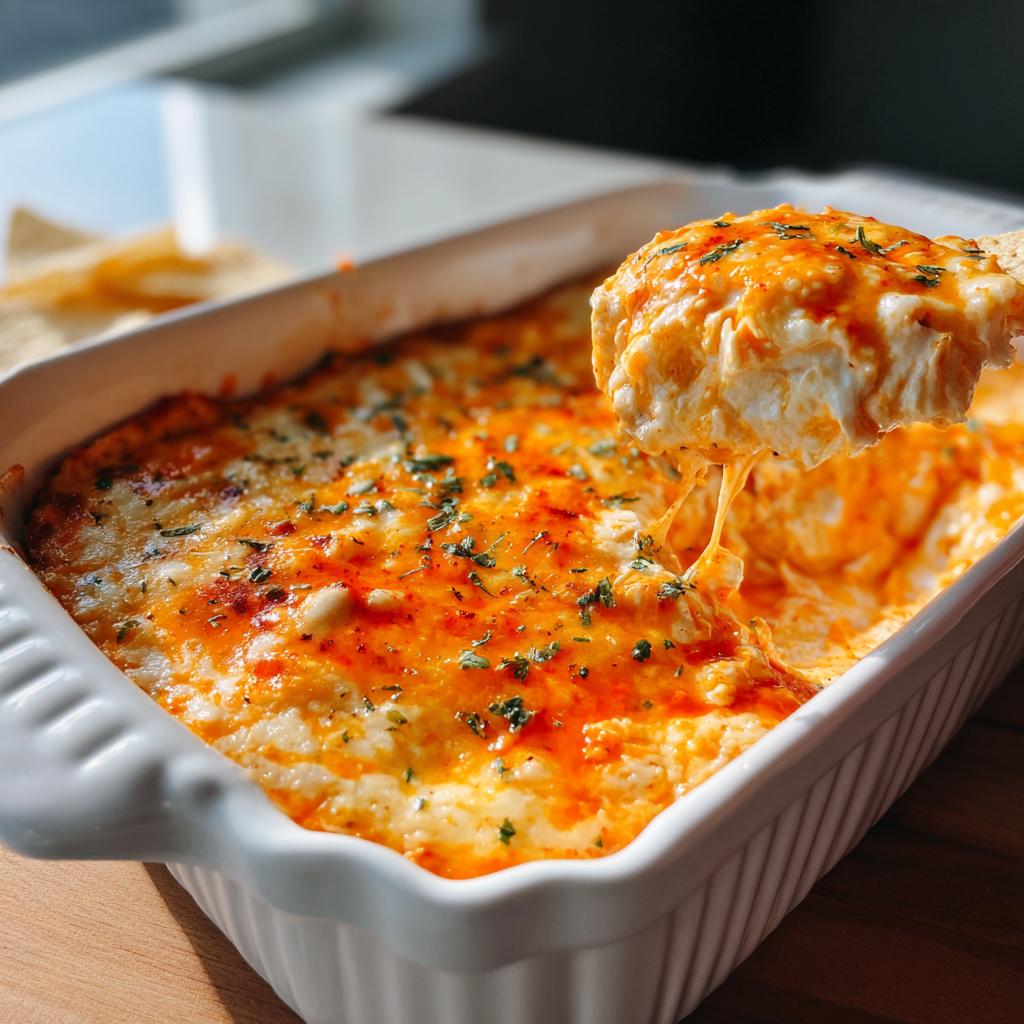 A spoonful of gooey buffalo chicken dip being lifted from a white baking dish, topped with melted cheese and herbs.