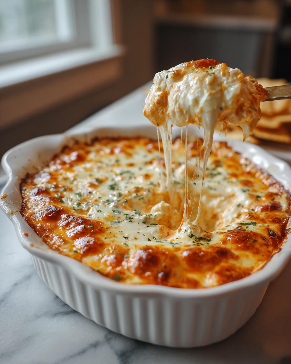 A scoop of creamy buffalo chicken dip with melted, stretchy cheese being lifted from a white baking dish.