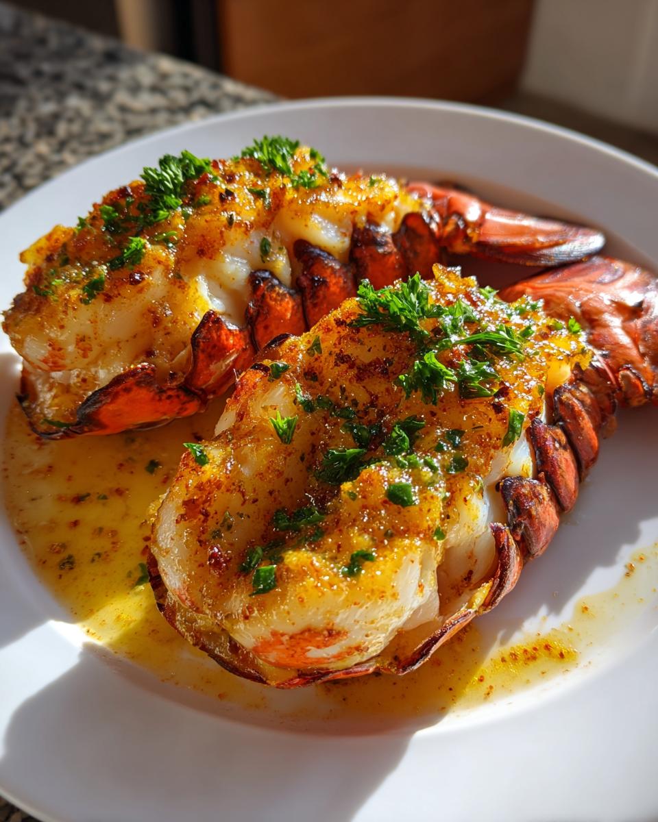 Two perfectly cooked lobster tails, glistening with butter and herbs, ready to be enjoyed.