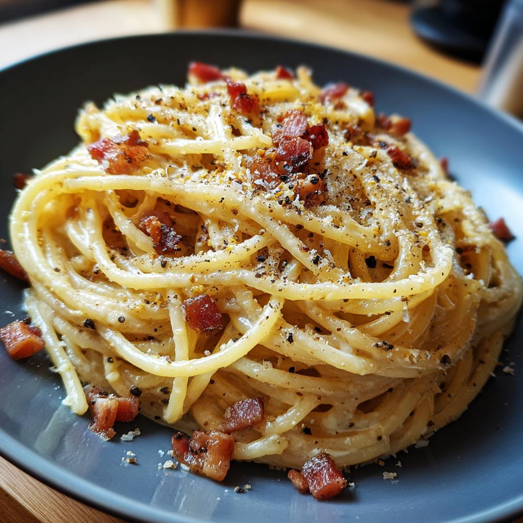 A close-up of a plate of spaghetti carbonara, topped with crispy pancetta and black pepper. This is one of our favorite pasta recipes.