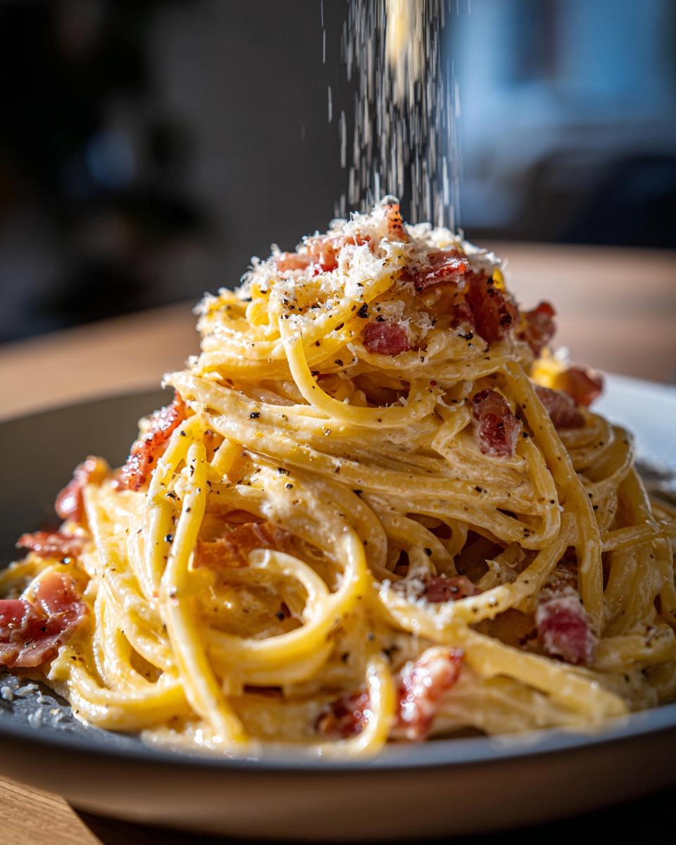 Close-up of a serving of spaghetti carbonara, with parmesan cheese being grated on top.