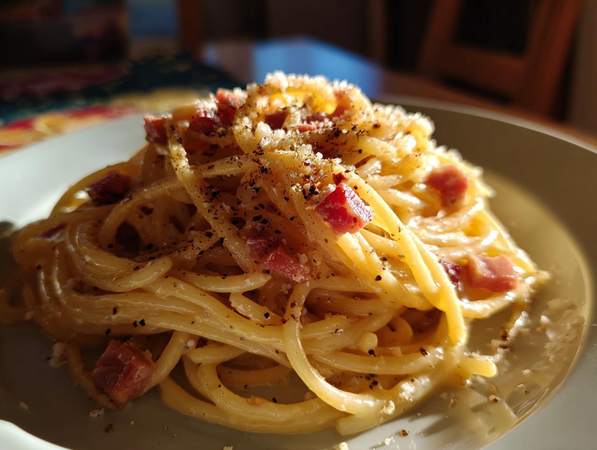 A close-up of a plate of spaghetti carbonara, a classic pasta recipe, topped with pancetta and black pepper.
