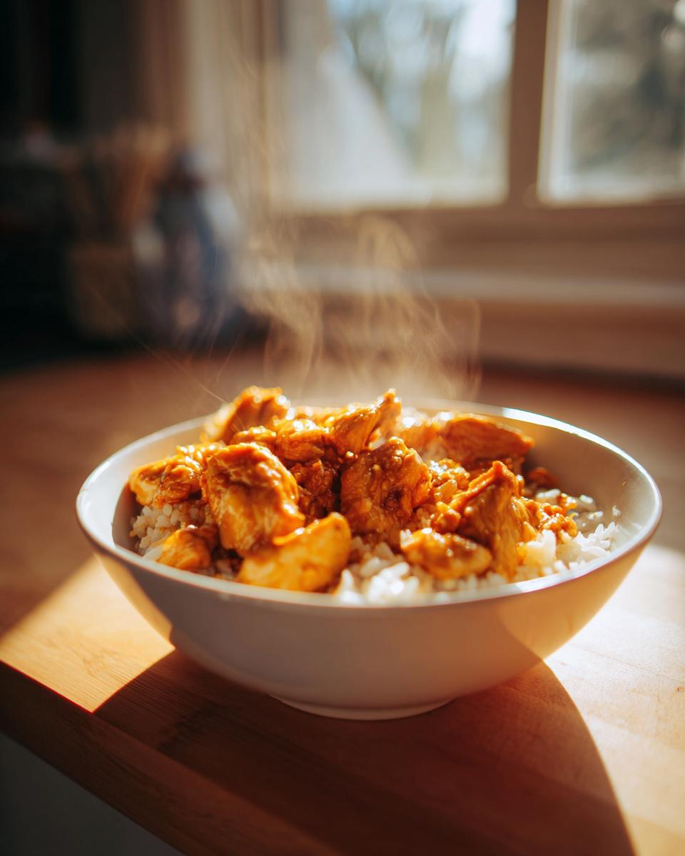 A white bowl filled with fluffy white rice topped with tender, saucy chicken pieces, steaming in the sunlight.