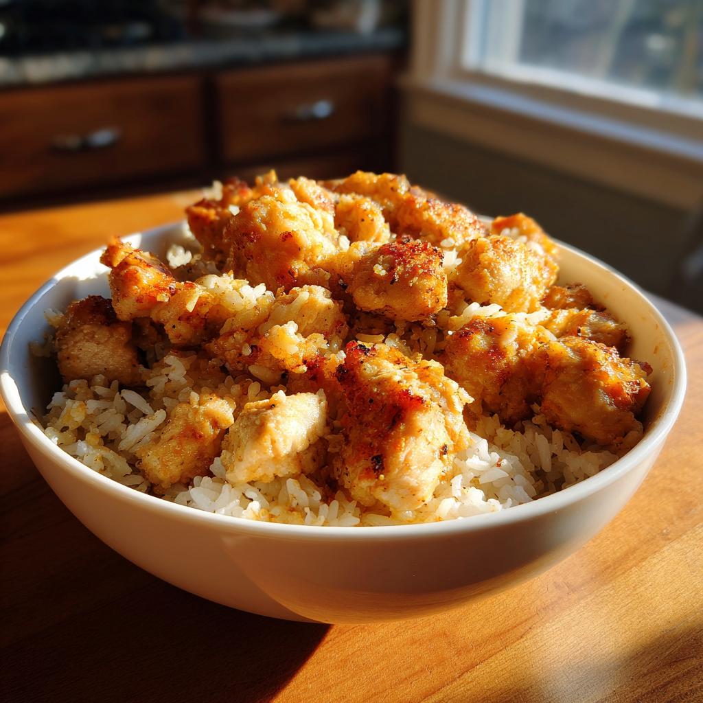A close-up of a white bowl filled with fluffy white rice and topped with golden-brown, seasoned chicken pieces, a perfect example of chicken and rice recipes.