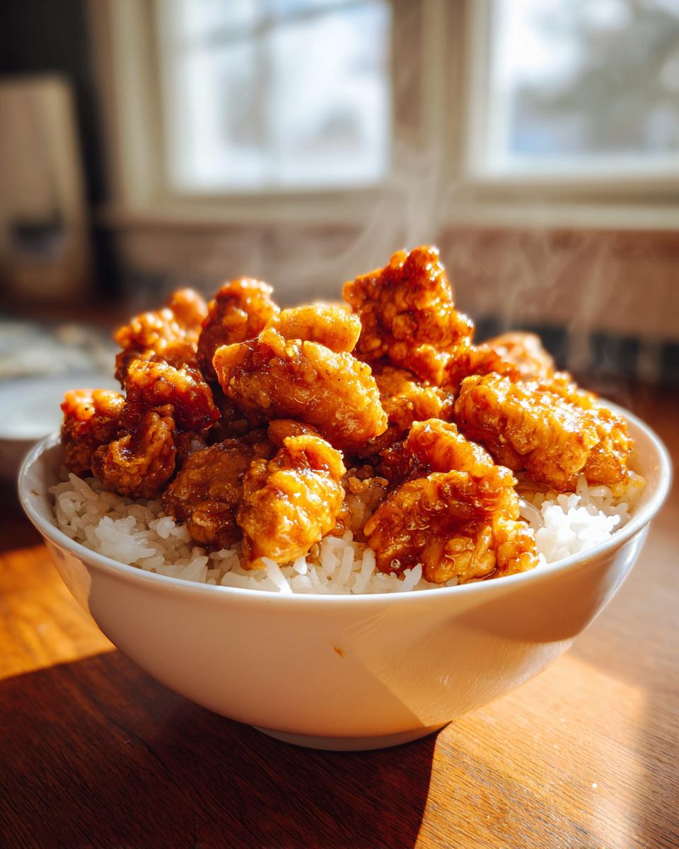 A bowl of fluffy white rice topped with glistening, glazed pieces of crispy chicken, part of a chicken and rice recipe.