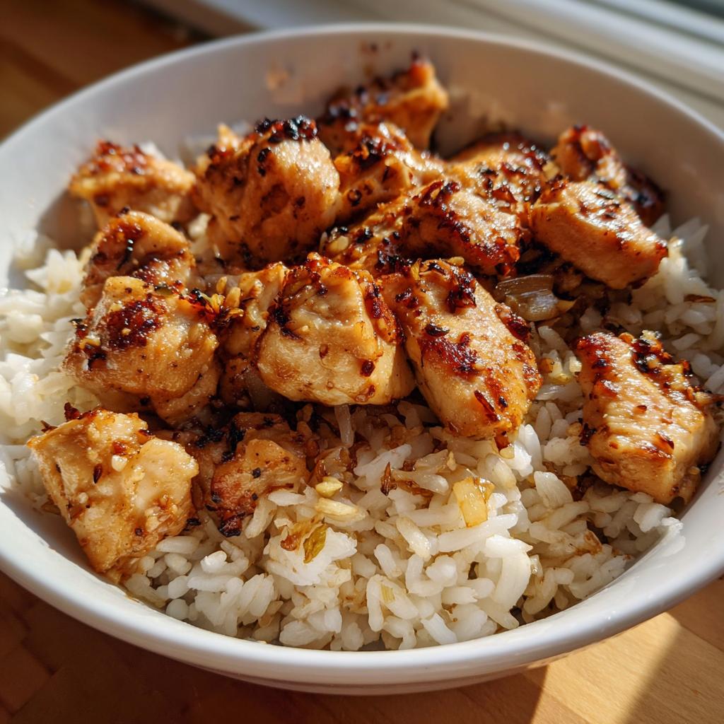 A close-up of a white bowl filled with fluffy white rice topped with golden-brown seasoned chicken pieces.