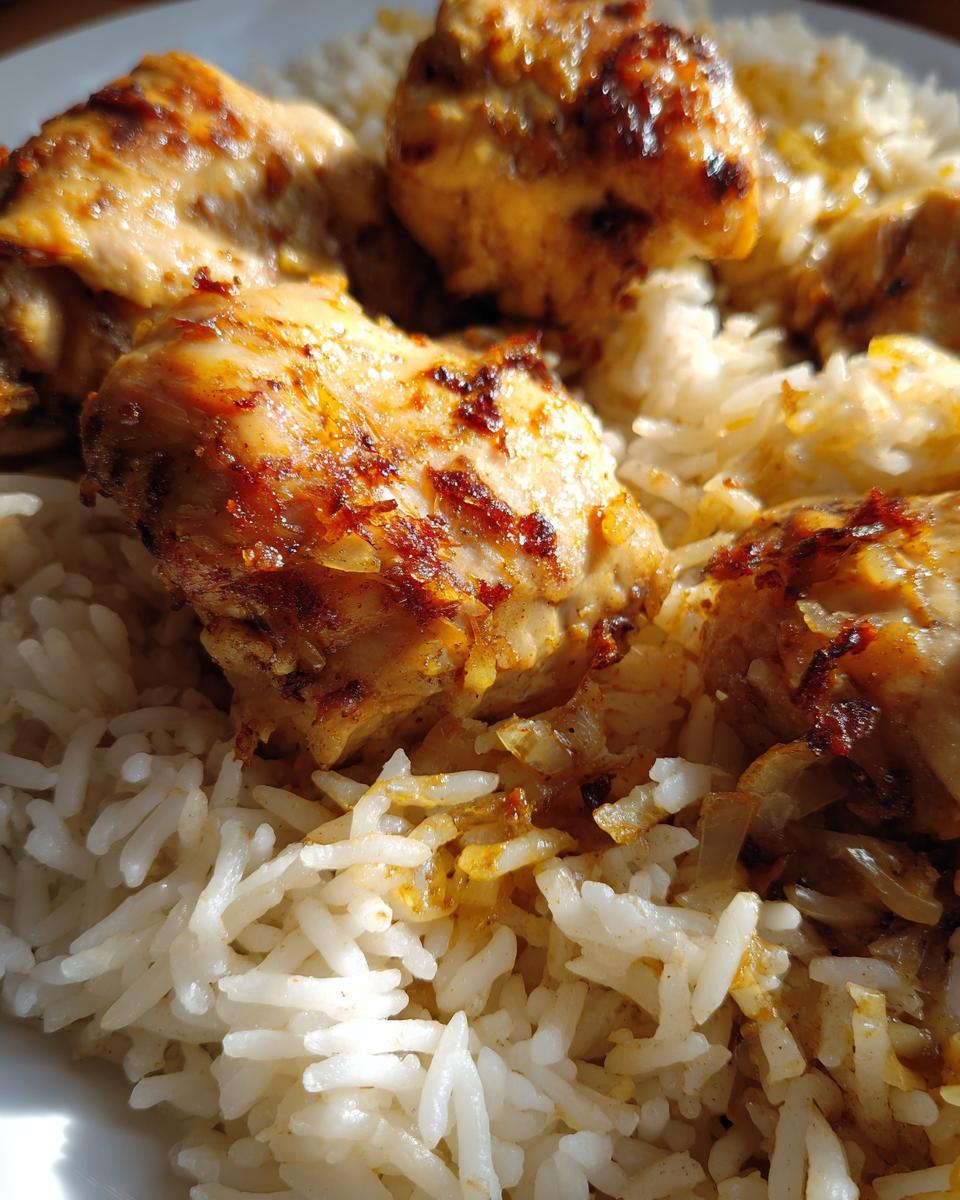 Close-up of a serving of chicken and rice, featuring golden-brown seasoned chicken pieces nestled in fluffy white rice with caramelized onions.