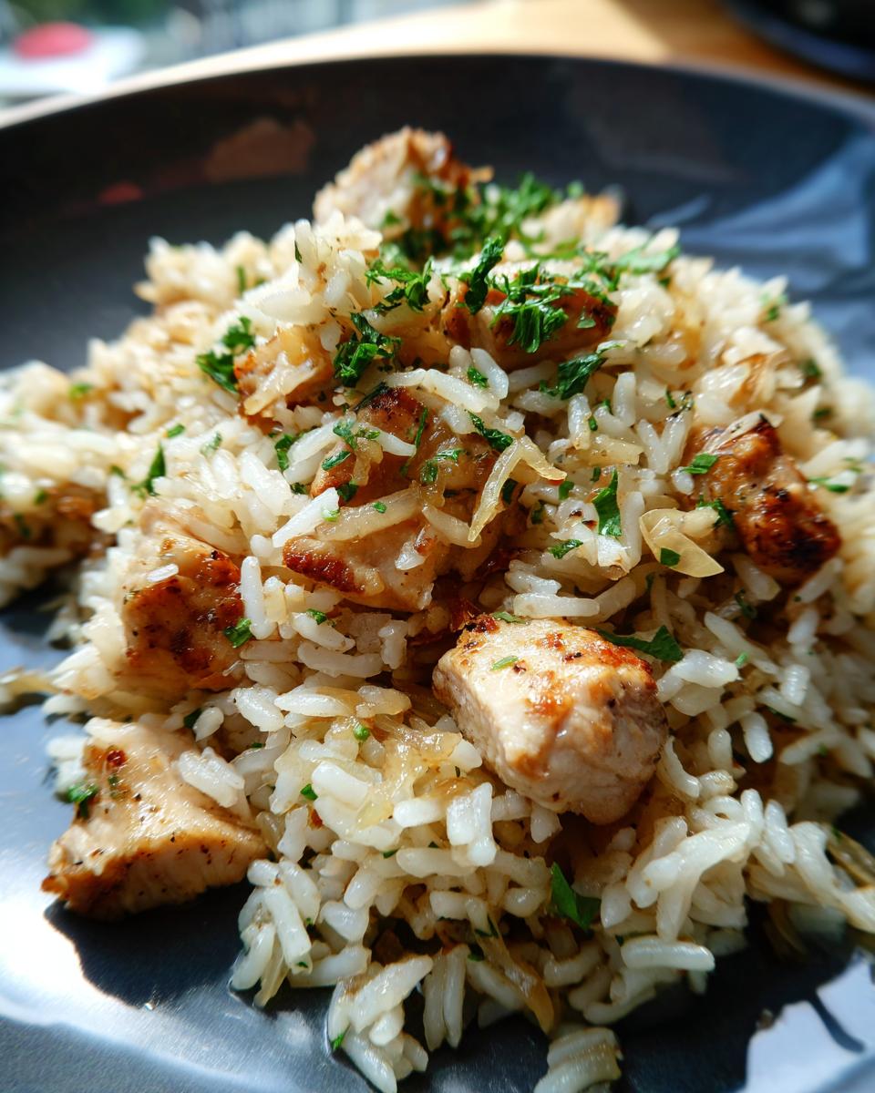 Close-up of a savory chicken and rice recipe, featuring tender chicken pieces mixed with fluffy rice and fresh parsley.