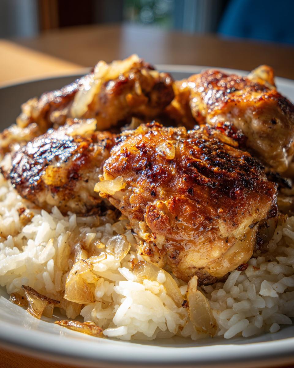 Close-up of a plate of delicious chicken and rice recipes, featuring golden-brown chicken thighs over fluffy white rice with caramelized onions.