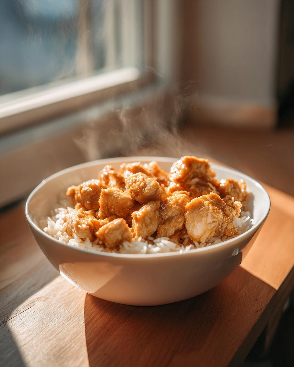 A close-up of a white bowl filled with fluffy white rice and topped with steaming, saucy chicken pieces. This is one of our best chicken and rice recipes.