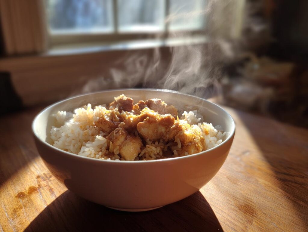A close-up of a steaming bowl filled with fluffy white rice topped with tender pieces of chicken in a savory sauce, a perfect example of chicken and rice recipes.