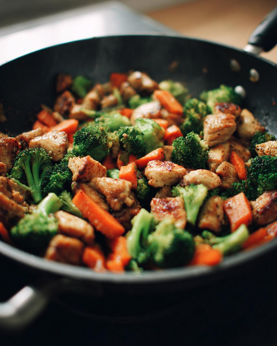 Close-up of chicken and broccoli stir-fry with carrots in a pan, perfect for easy healthy dinner recipes.