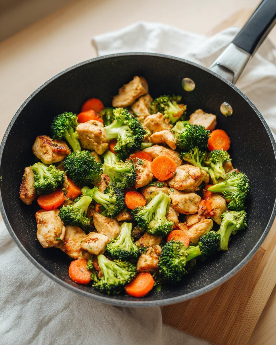 A pan filled with chicken pieces, broccoli florets, and sliced carrots, representing easy healthy dinner recipes.