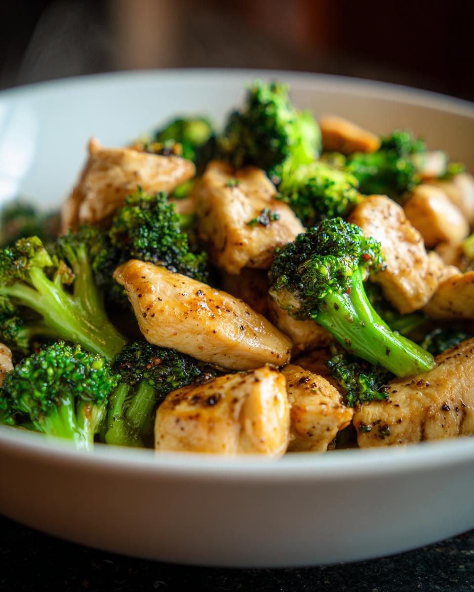 Bowl of sautéed chicken pieces and broccoli florets seasoned and cooked.