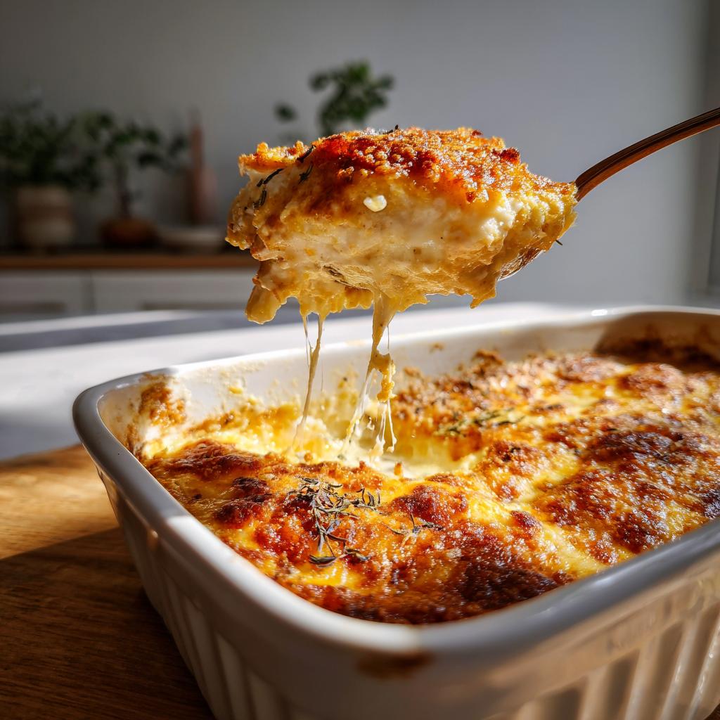 A spoonful of cheesy chicken casserole being lifted, showing a satisfying cheese pull and golden brown topping.