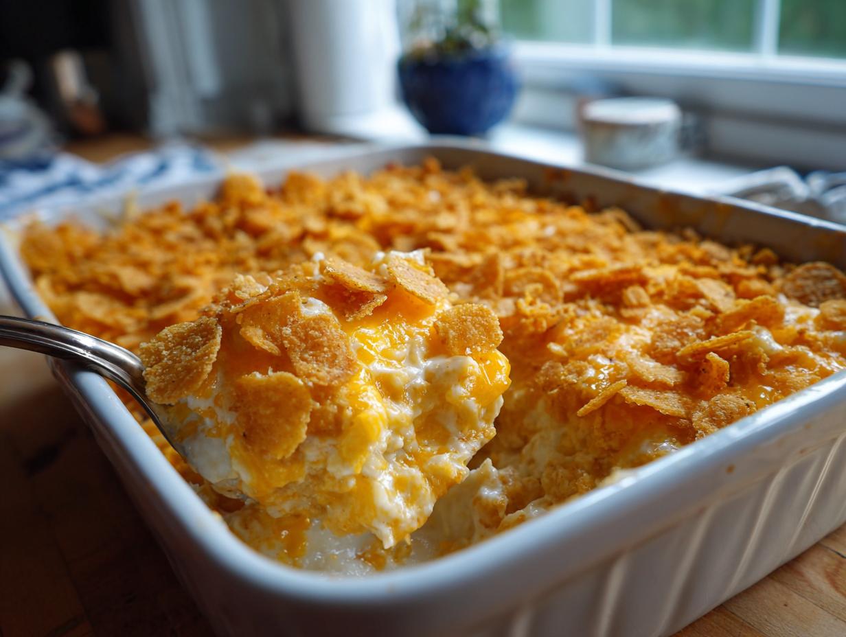 A spoonful of creamy chicken casserole with a crunchy cereal and cheese topping, served from a white baking dish.