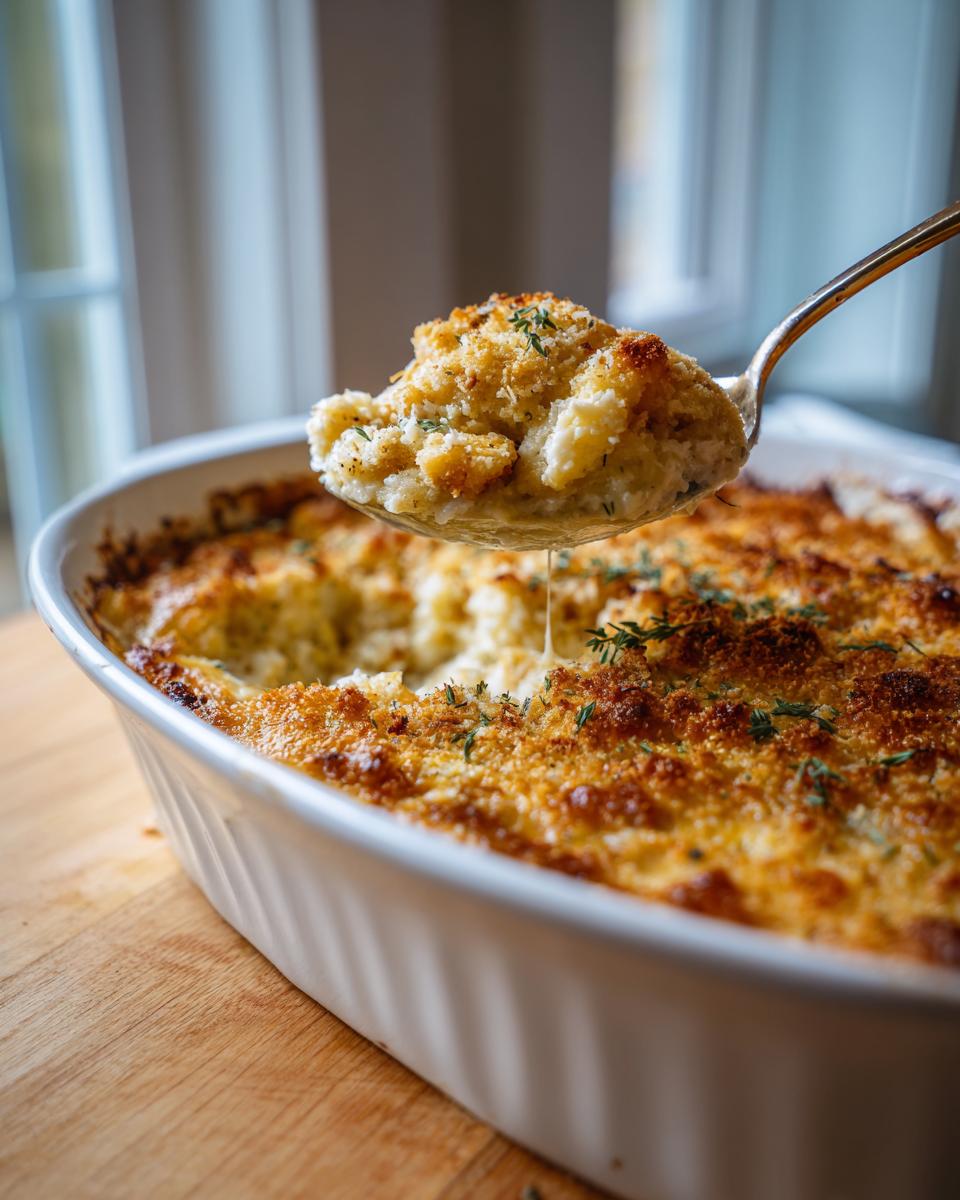 A spoonful of creamy chicken casserole recipe with a golden, cheesy crust and fresh herbs.