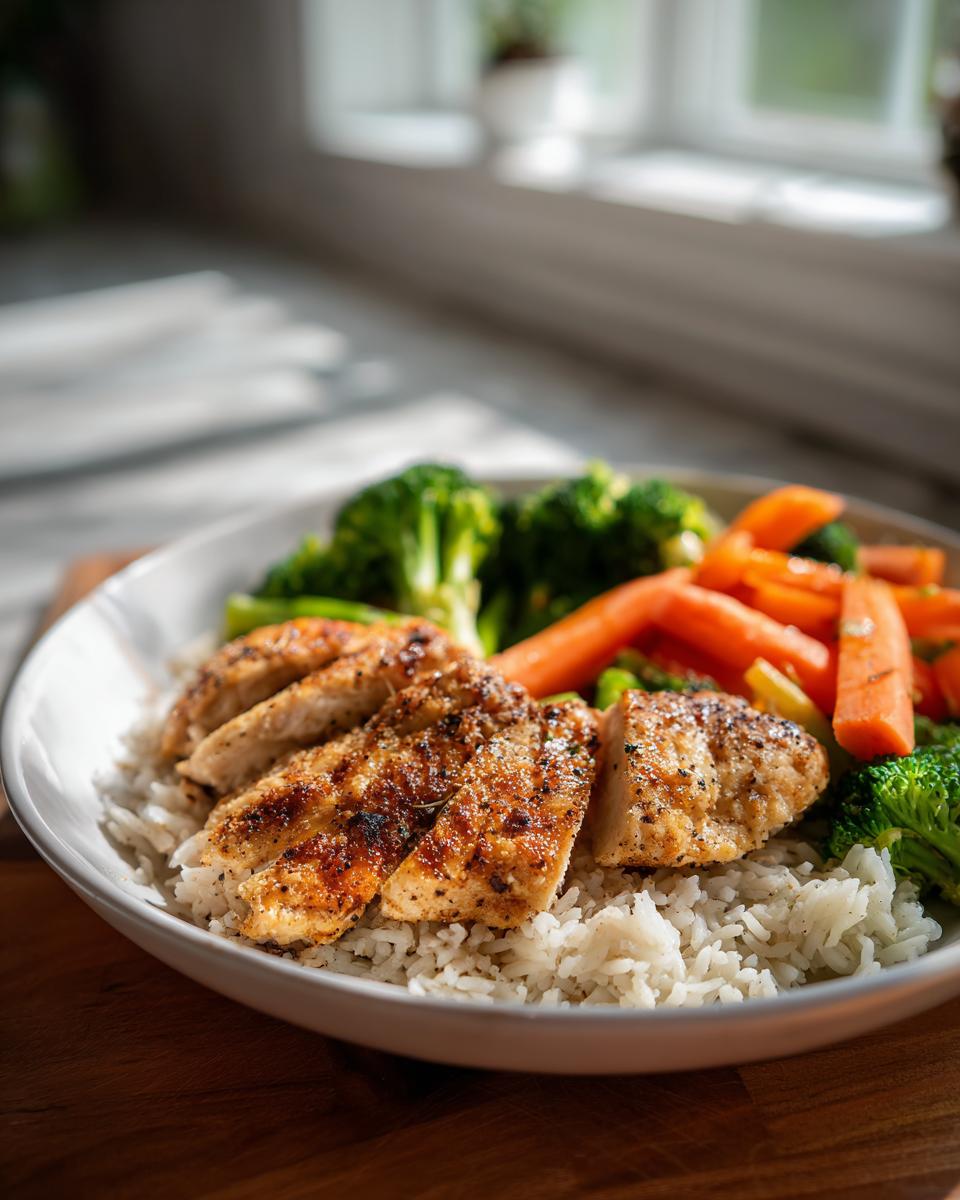 A healthy dinner recipe featuring sliced grilled chicken breast served over white rice with steamed broccoli and carrots.