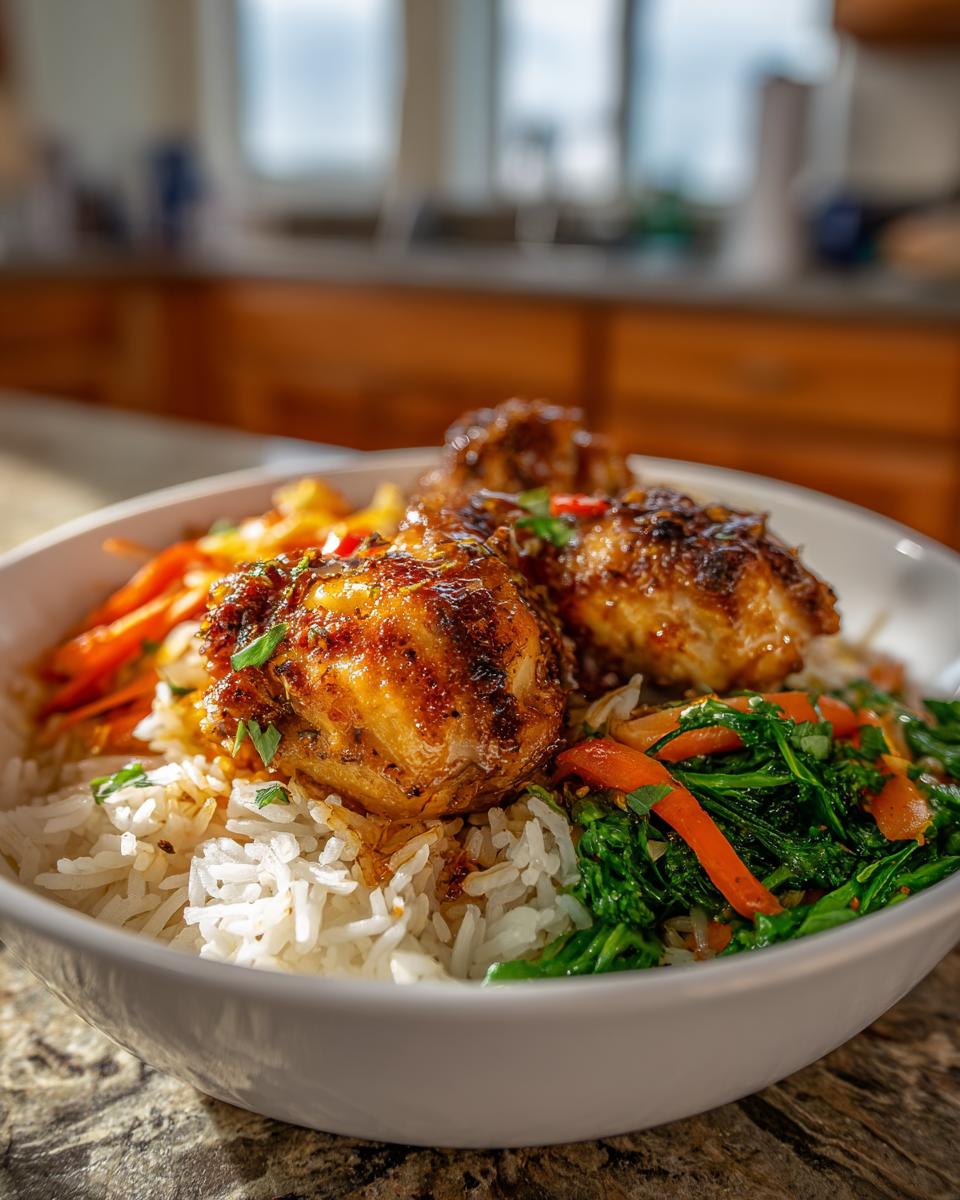 A bowl of white rice topped with glazed chicken pieces and stir-fried vegetables, perfect for quick dinner recipes.