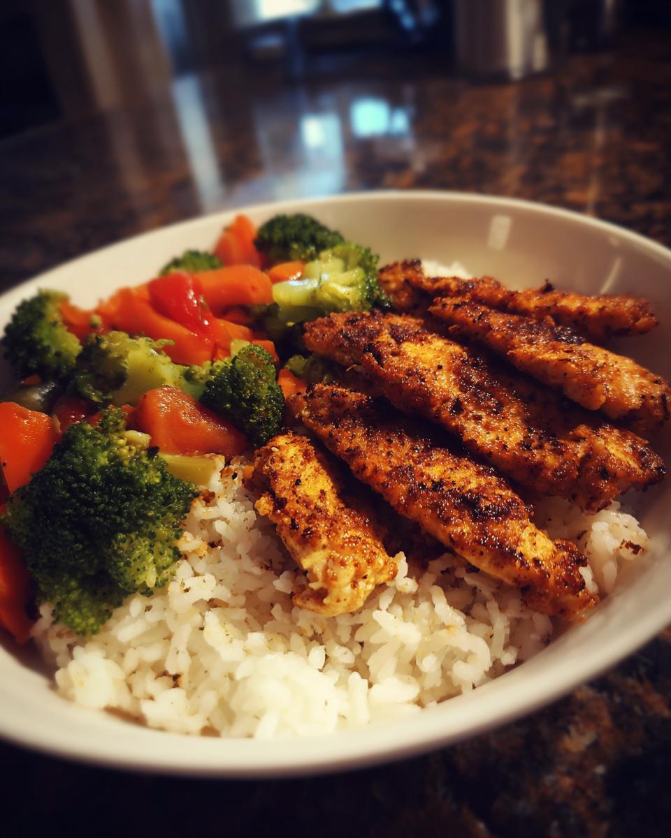 A healthy and quick dinner recipe featuring seasoned chicken strips over white rice with steamed broccoli and carrots.