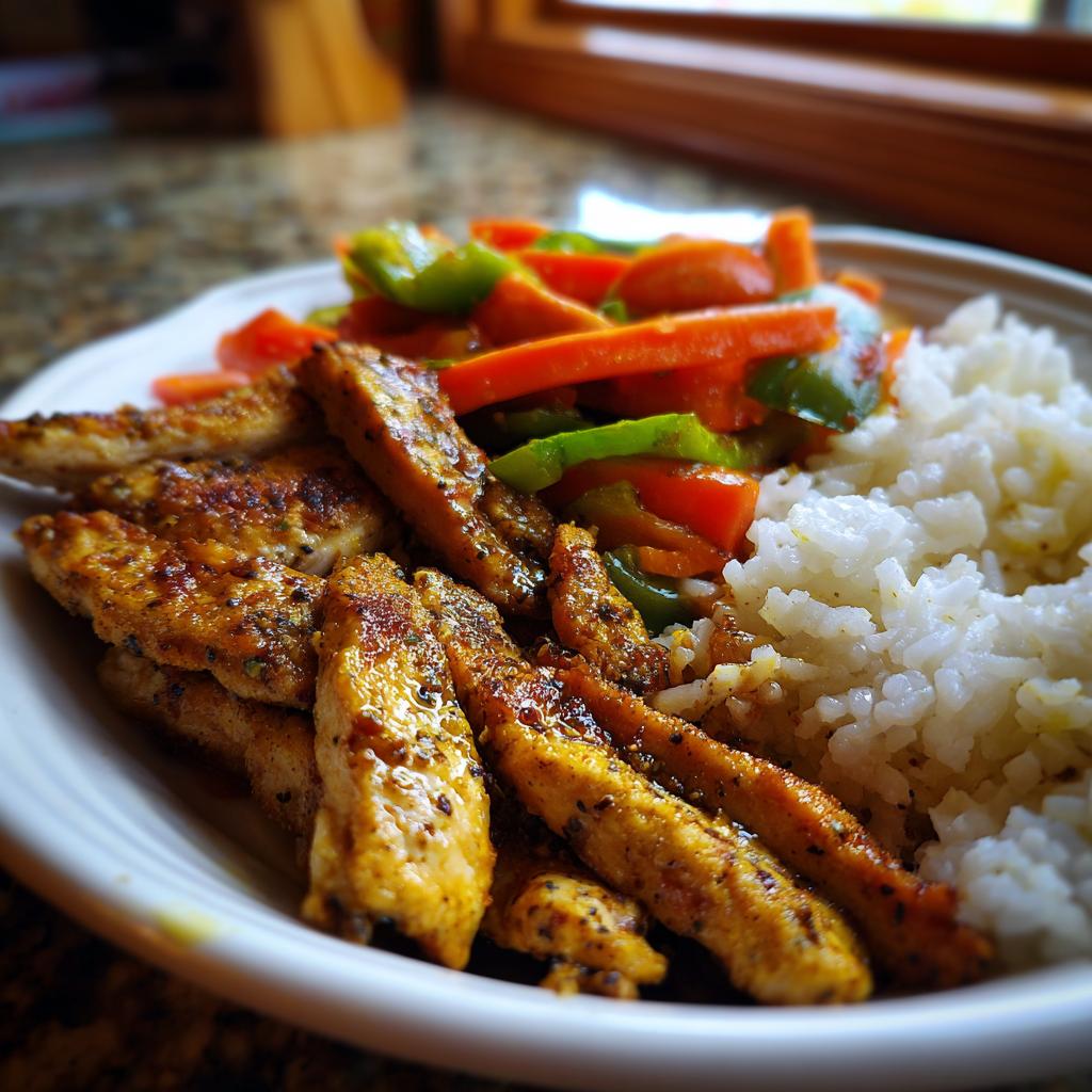 A plate of seasoned chicken strips with rice and colorful stir-fried vegetables, perfect for easy dinner recipes.
