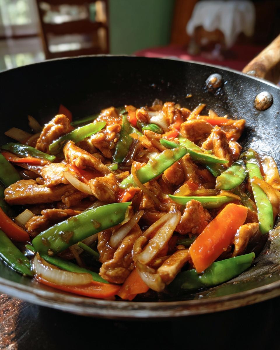 Close-up of a chicken stir-fry with snow peas, carrots, and onions in a wok, perfect for easy dinner recipes.