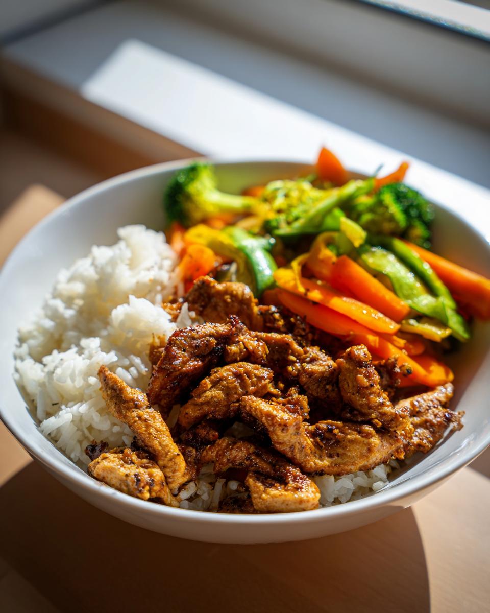 A healthy and delicious bowl of rice topped with seasoned chicken and stir-fried vegetables, perfect for dinner recipes.