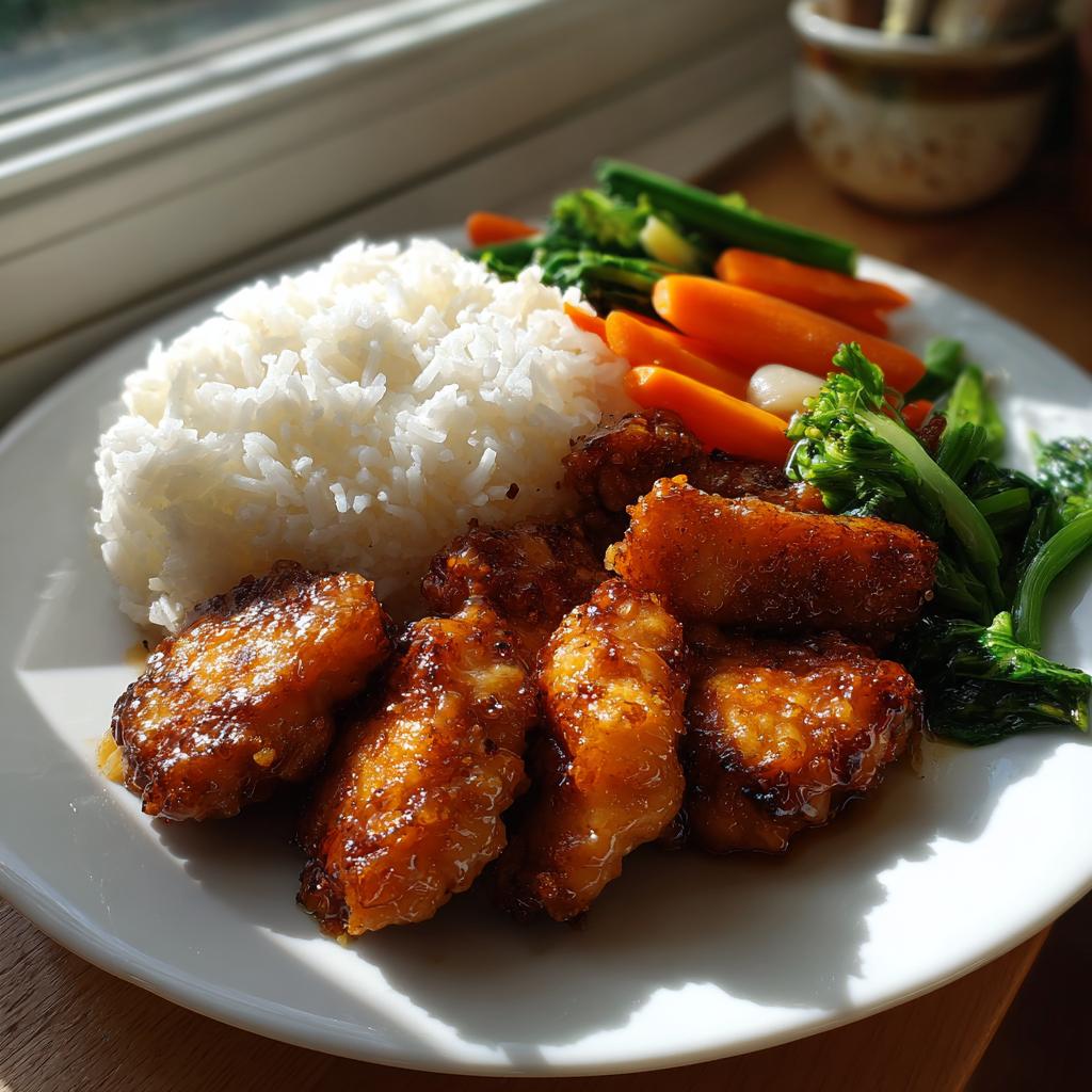 A plate of glazed chicken wings served with steamed rice and mixed vegetables, perfect for dinner recipes.