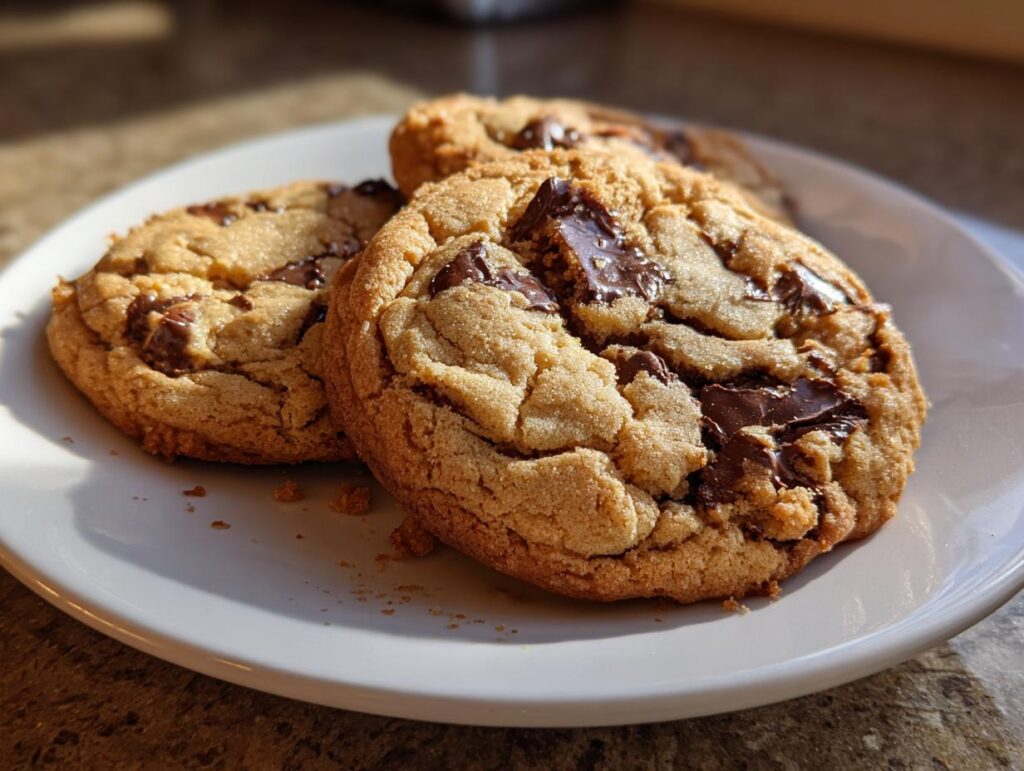 Close-up of three freshly baked chocolate chip cookies on a white plate, with rich chocolate chunks visible.