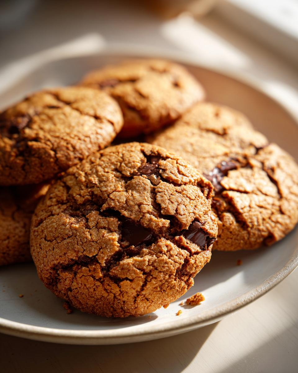 A close-up of several freshly baked chocolate chip cookies on a plate, with melted chocolate chips visible.
