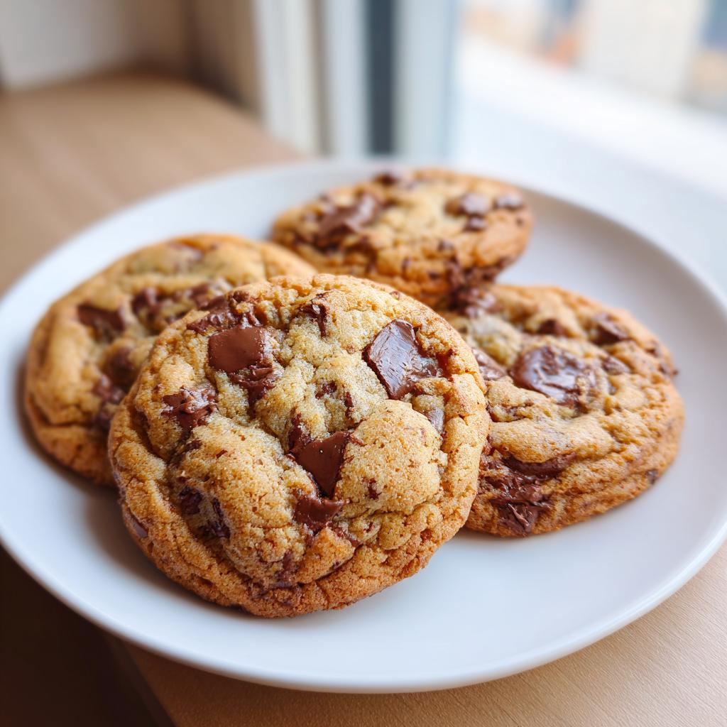 A close-up of four delicious chocolate chip cookies on a white plate, with chunks of dark chocolate visible.
