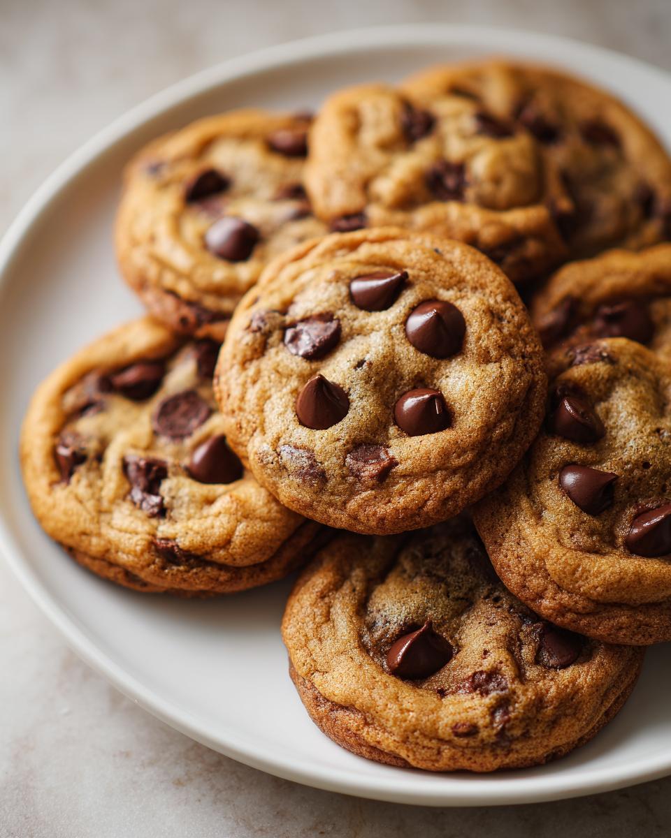 A close-up of several freshly baked chocolate chip cookies piled on a white plate.