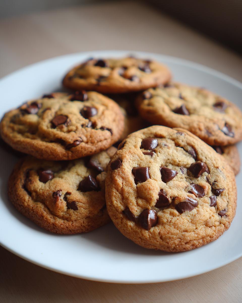 A pile of freshly baked chocolate chip cookies on a white plate, showcasing rich chocolate chunks.