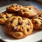 Close-up of a plate piled high with freshly baked chocolate chip cookies, showcasing gooey chocolate chips.
